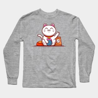 Cute Lucky Cat With Yarn Ball And Food Cartoon Vector Icon Illustration Long Sleeve T-Shirt